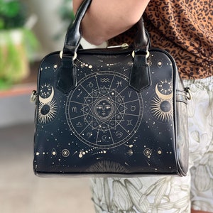 Kawaii Goth Astrology Cottagecore magic Witch bowler handbag, Pagan Witch Occult aesthetic Cute PU Vegan leather shoulder strap purse bag