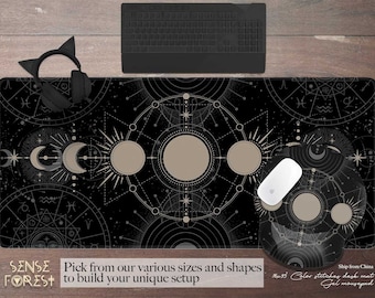 Astrology witchy moon phase desk mat, celestial zodiac extended mouse pad, XXL extra large desk pad cute, witch Wicca mousepad wrist rest