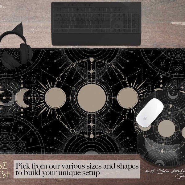 Astrology witchy moon phase desk mat, celestial zodiac extended mouse pad, XXL extra large desk pad cute, witch Wicca mousepad wrist rest