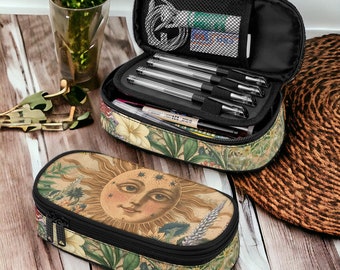 Cottagecore Spring floral artist Pencil Case, Vintage Sun art makeup brush storage bag, Crochet hook case small device gadgets organizer bag