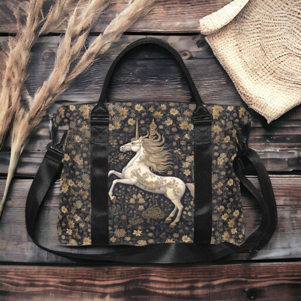 Medieval Unicorn tapestry travel bag, Boho Witch flight Under chair aeroplane carry on overnight duffle, weekender bag with Trolley Sleeve