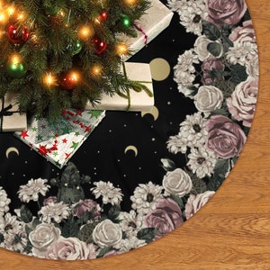 Black cottagecore witchy Moon Phase Rose Garden magic mushroom Christmas Tree Skirt, Cute pegan wicca tree skirt