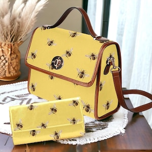 Retro Yellow Honey bee Canvas Satchel bag, Witch crossed body purse, cute Bee vegan leather strap handbag cottagecore, hippies boho gift
