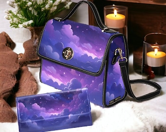 Purple Starry Sky Cute cloud Witchy mini messenger bag, Kawaii violet universe Whimsy Goth Black Vegan leather trim canvas satchel bag purse