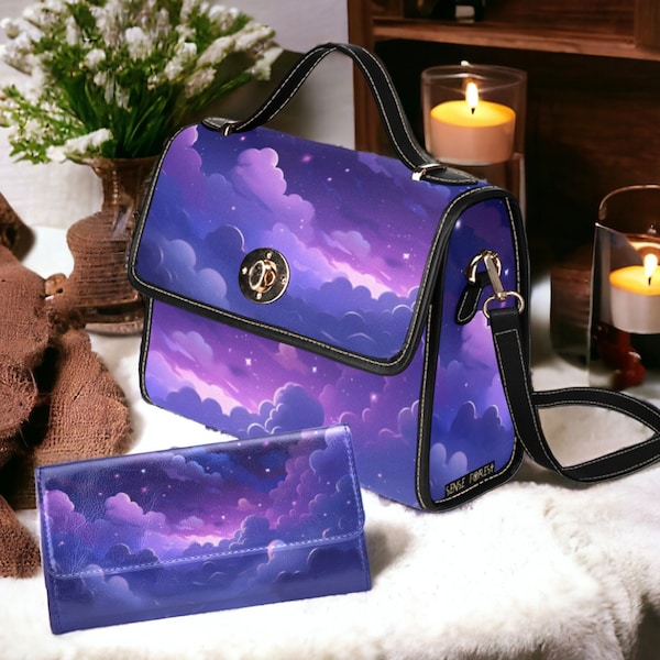 Purple Starry Sky Cute cloud Witchy mini messenger bag, Kawaii violet universe Whimsy Goth Black Vegan leather trim canvas satchel bag purse