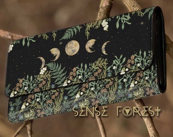 Cottagecore Pine Forest Tri-fold wallet, Witchy Vegan Leather wallet, Cute Fern Moon goth witch women Wallet organizer Long clutch wallet