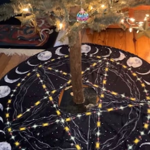 Pagan Pentagram Christmas lights Tree Skirts, Moon phase Forest Cottagecore Boho Holiday Tree decor, Tree feet blanket, Tree feet cover