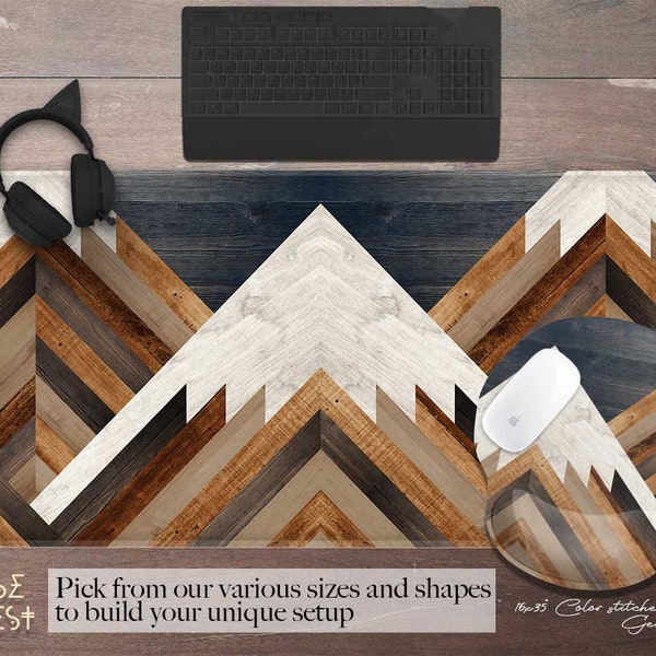 Rustic Mountain landscape Carpentry Desk Mat RGB, Boho Geometric Wood Art Print Carpenter Nature Farm House Extra Large Mouse Pad wrist rest