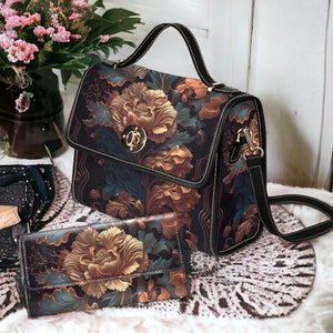 Cottagecore Peony Witchy mini messenger bag, Art nouveau Dark academia Black Vegan leather trim handbag, Boho Cute womens purse satchel bag