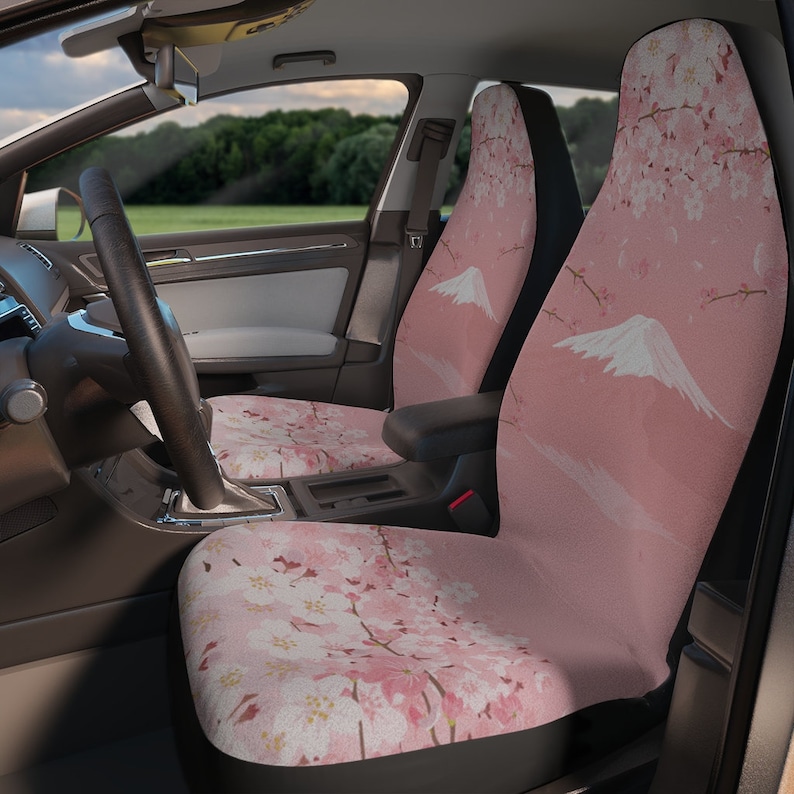 Kawaii Pink Japanese Mt Fuji Car Seat Covers, Cute Cherry Blossom Sakura Car Seat Cover for vehicle women car interior decor accessories 2 Front Seat covers