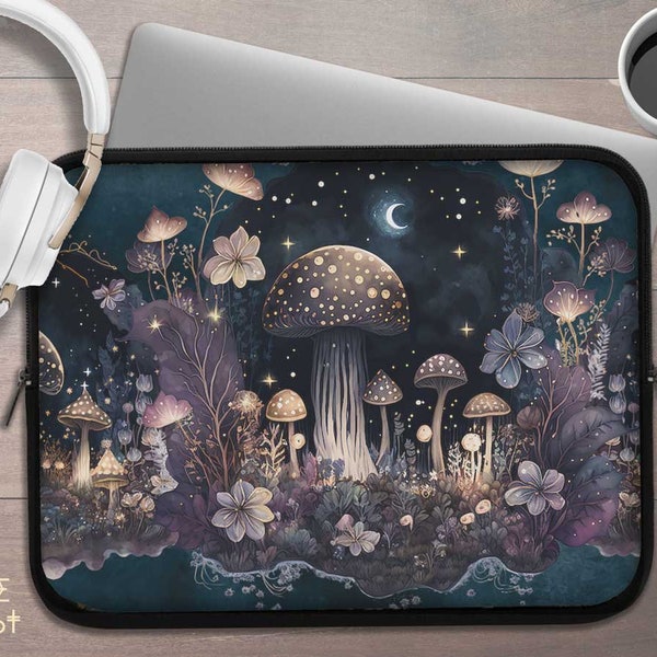 Dark Cottagecore mystical mushroom forest laptop sleeve, Cute Fungi laptop case IPad tablet cover, Moon laptop travel case padded bag