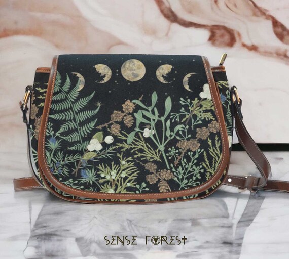 Pine Forest Moon Phases Green Canvas Saddle Bag Cottagecore