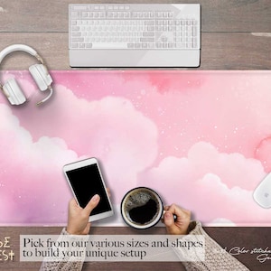 Kawaii Pastel Pink Cloud PU leather desk mat cute, Watercolor anime sky XXL gaming mouse pad RGB, Gamer Ergonomic mousepad wrist rest