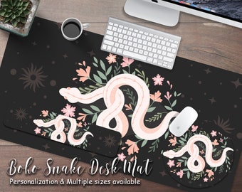 Boho Snake Witch Desk Mat, Mystical Pink Snake On Black Celestial Background Extra Large Desk Mat,Extended Mousepad Wrist Rest Tarot Mat