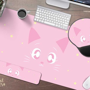 Cute Pink Anime Cat desk mat, Japanese Kawaii Anime kitty XXL gaming mouse pad, keyboard wrist rest mouse pad, Pink gamer desk setup