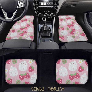 Pink pastel  cottage Kawaii Japanese anime bunny strawberry car floor mats, cute chubby rabbit car interior decor, car accessories gift set