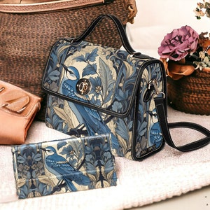 Cottagecore blue witchy bird mini messenger bag, Blue Jay Art nouveau Dark academia Vegan leather trim handbag purse bird lover satchel bag
