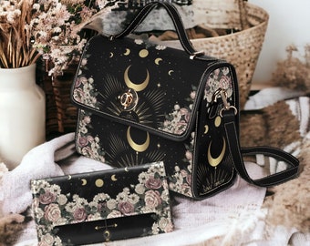 Cottagecore heks Canvas Satchel tas, Leuke vrouwen rose moon gekruiste body portemonnee, schattige vegan lederen band handtas goth tas, hippies boho cadeau