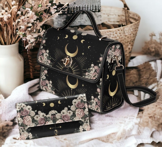 Cottagecore Pale Rose Moon Canvas Satchel Bag | Sense Forest