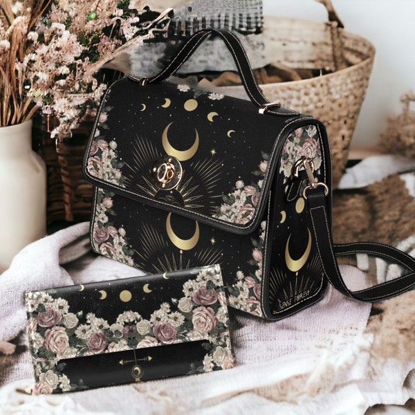 Cottagecore witch Canvas Satchel bag, Cute women rose moon crossed body purse, cute vegan leather strap hand bag goth bag, hippies boho gift