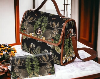 Cottagecore Forest Pagan Ostara Canvas Satchel bag, sac à main à bandoulière lapin Deer Witchy, sac à main gothique en cuir végétalien, cadeau bohème hippies