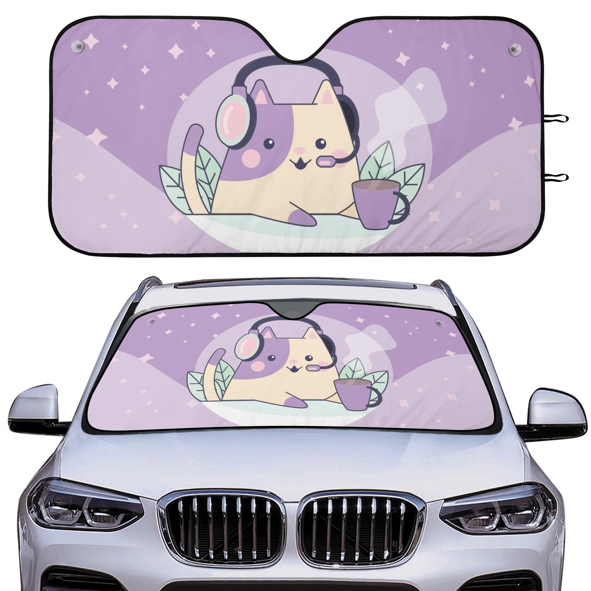 Pastel Purple Kawaii Gamer Cat Windshield Sunshade, r Kitty