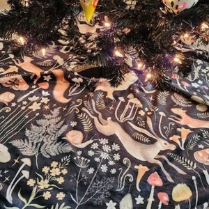 Wicca witchy Forest Animal Christmas Tree Skirt, Pagan Nature mushroom Mystical winter holiday tree skirt, Witchy Christmas decor