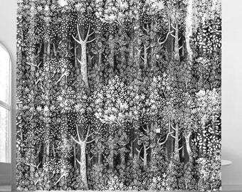 Rideau de douche monochrome noir et blanc linogravure forêt avec 12 crochets en forme de C 69 x 70 po, décoration de salle de bain, cadeau de pendaison de crémaillère