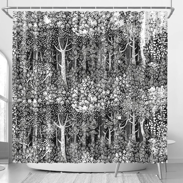 Black and White monochrome linocut print forest Bath shower curtain with 12 C-shaped Hooks 69" x 70", bathroom home decor, housewarming gift