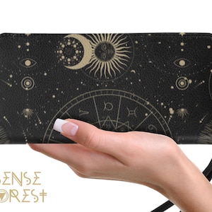 Celestial Astrology Clutch Wallet - Vegan Leather Wallet for Witchy, Goth, and Boho Women - Kawaii Witch Book Wallet and Organizer Purse