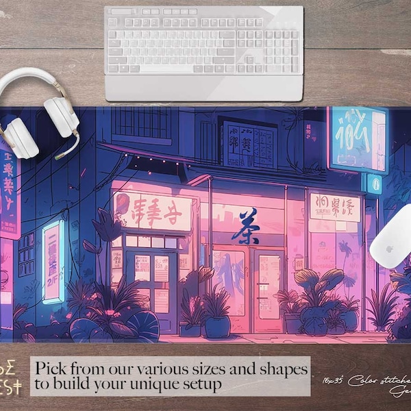 Anime neon street restaurant desk mat RGB, Pastel Purple cityscape gaming mouse pad, XXL extended mousepad wrist rest ergonomic, gamer setup