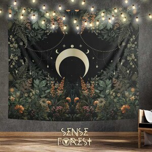 Dark cottagecore witchy moon forest tapestry, Boho mystical witch Indoor Wall Tapestry, Fern wildflower wall art dorm room decor wall hang