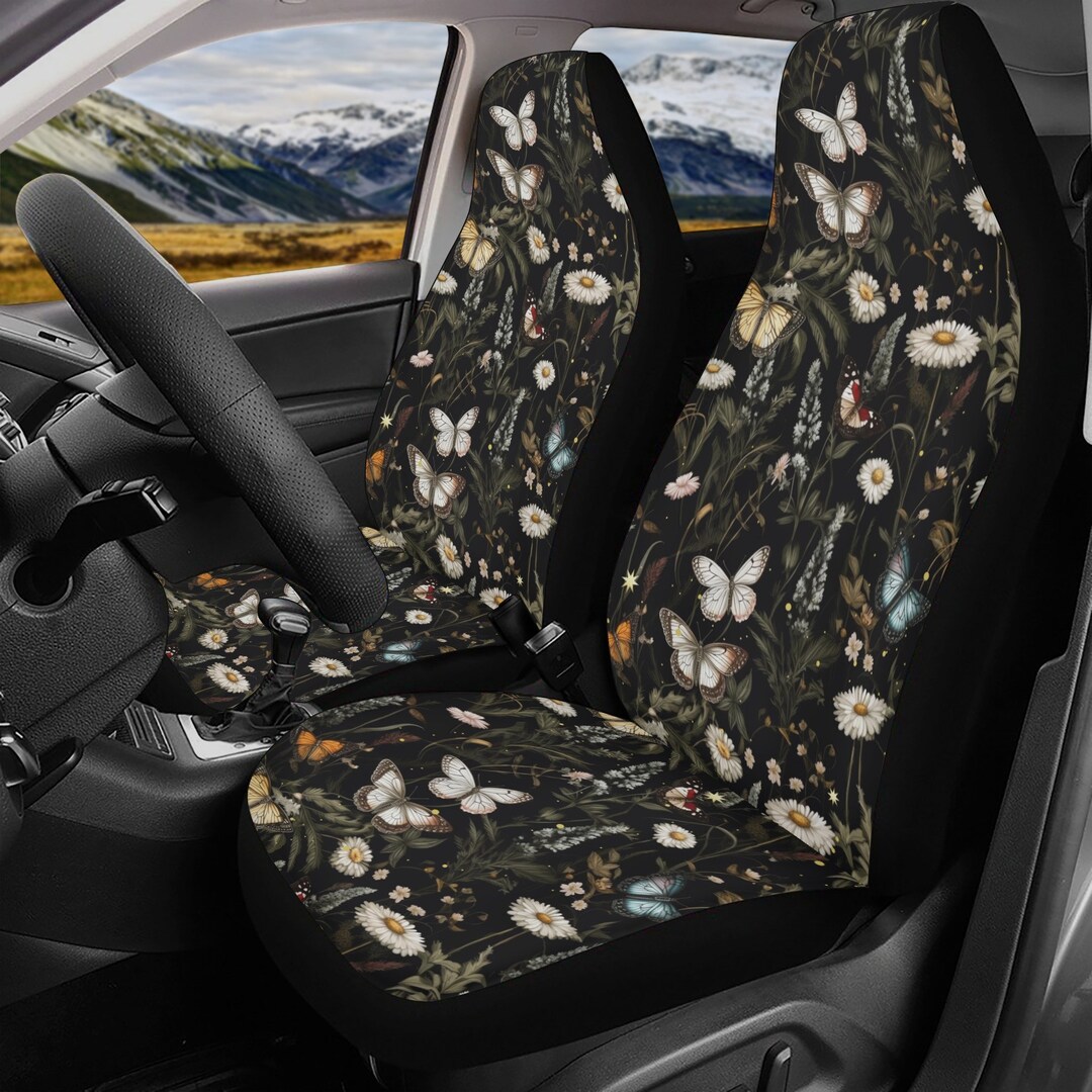 Cottagecore Wildflower Daisy Car Seat Cover Set, Fern Forest Butterfly Front Back Seat Cover