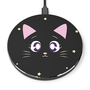Kawaii Black Cat twrinkle stars Wireless Charger, Japanese Anime desk top accessories, iphone charger, witchy mystical wireless charger