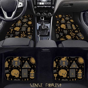 Spooky Halloween Kawaii Goth Car Mat set, cute witch mystical car interior decor accessories, skull ghost car mats for women