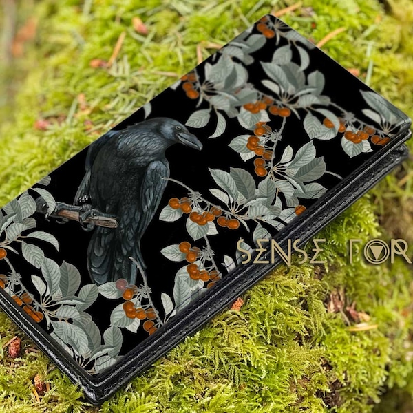 Portefeuille deux volets Forest Crow, vert cottagecore foncé sorcière, portefeuille en cuir végétalien sorcière, corbeau goth femmes organisateur de portefeuille longue pochette porte-monnaie goth