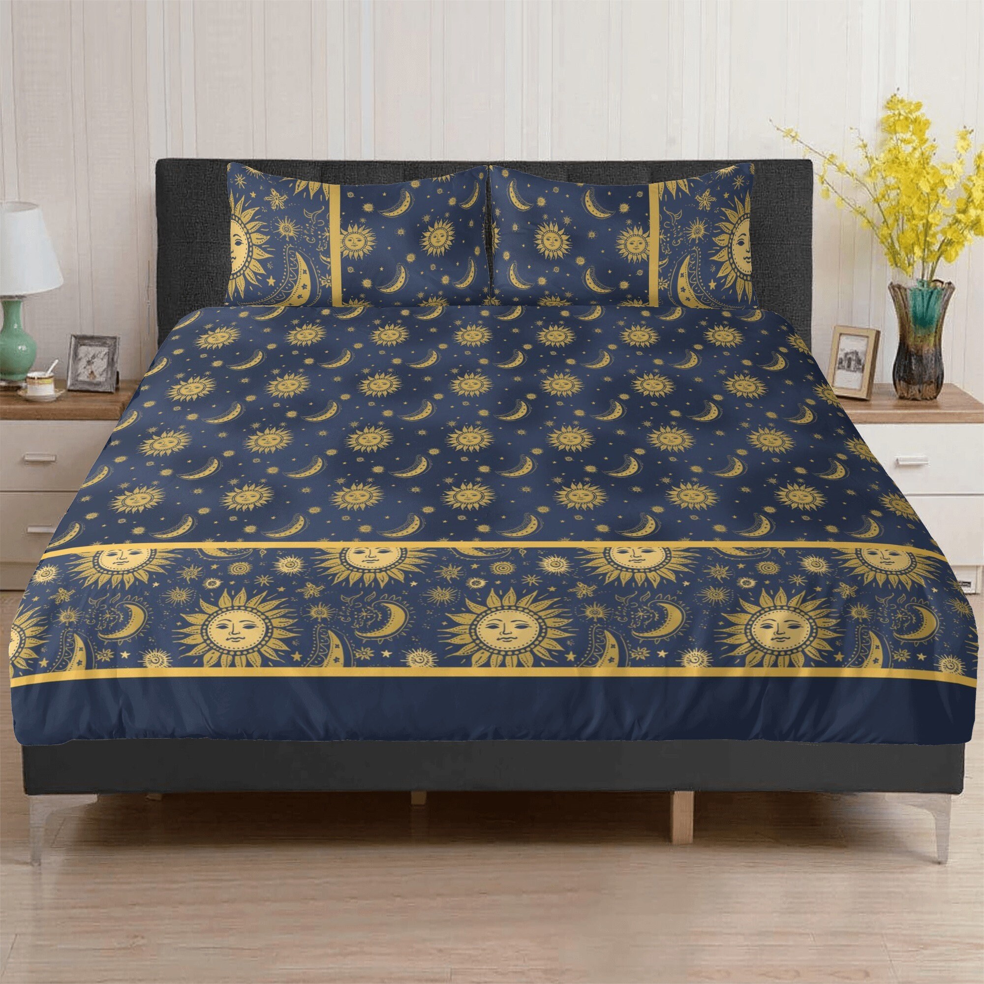 Whimsigoth Celestial Sun Moon Stars 3 Pcs Beddings, Navy 90s 