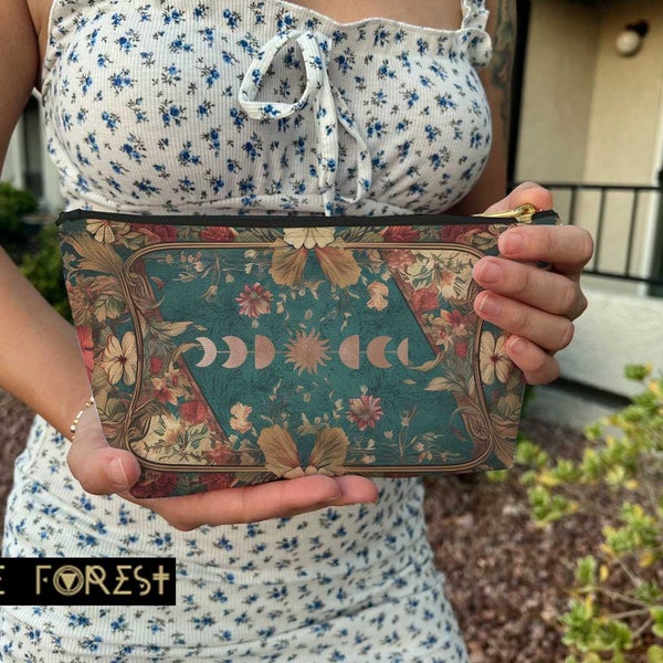 Maximalist Teal green floral moon phase T flat pouch, Witchy makeup cosmetic bag, cottagecore Zipper Pencil Pouch, Travel Toiletry Organizer