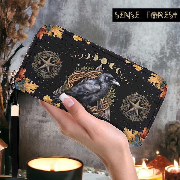 Witchy Oak forest Corbeau noeuds celtiques phase de lune pochette, cuir végétalien pentagramme feuilles d'automne fantaisiste long portefeuille, cadeau gothique sorcier