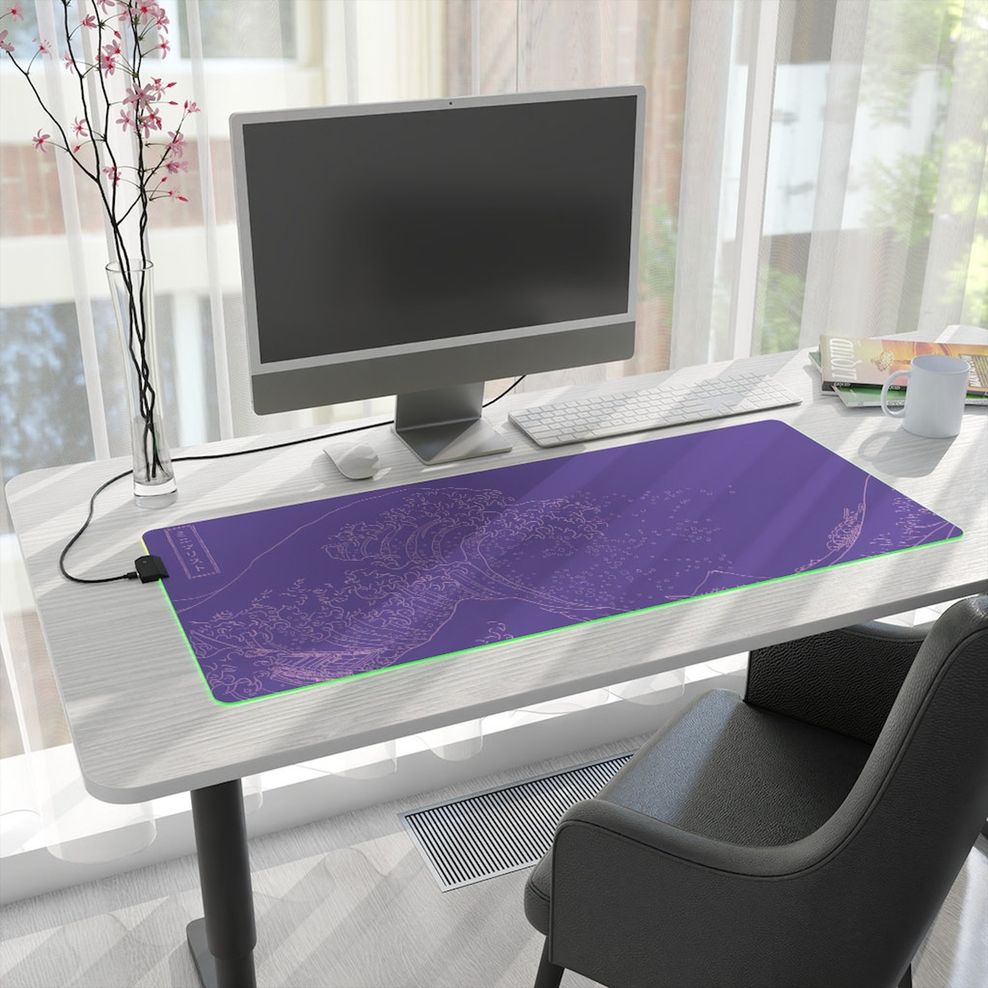 Sewn Edges Japanese LED desk mat, Purple Gaming Mouse Pad