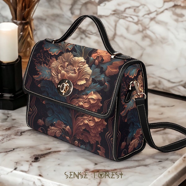 Cottagecore Peony Witchy mini messenger bag, Art nouveau Dark academia Black Vegan leather trim handbag, Boho Cute womens purse satchel bag