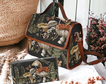 Cottagecore Hexe Canvas Umhängetasche, Niedliche Pilz Pilz Geldbörse, niedliche Vegan Lederband Handtasche Goth Tasche, Hippies Boho Geschenk