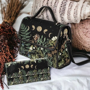 Cottagecore Pine Forest Green Witch mini messenger bag, Moon phase Dark academia Black Vegan leather trim handbag, boho purse satchel bag