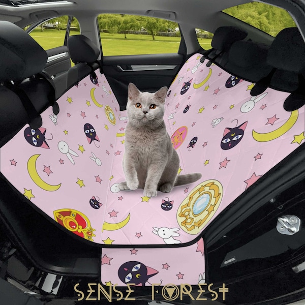 Kawaii Pink Anime Pet travel Car Seat Covers, Luna Moon cat dog waterproof car seat protector, Kawaii car interior decor accessories gift