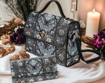 Gothic Stained Glass Bat Canvas Satchel bag, Dark Academia floral Goth purse handbag, Medieval art nouveau witchy crossbody boho hippies bag