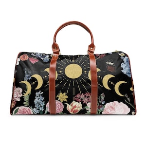 Boho Floral Moon Phase Waterproof Travel Bag, witchy Cottagecore large duffle bag with shoulder strap, Brown vegan leather trims weekender
