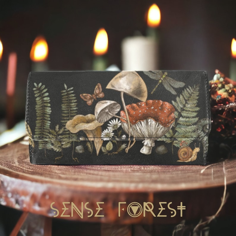 Ferns Magic mushroom trifold wallet, Boho Cute green Witch PU Leather wallet, Cute goth women Wallet organizer Long clutch wallet goth purse image 1