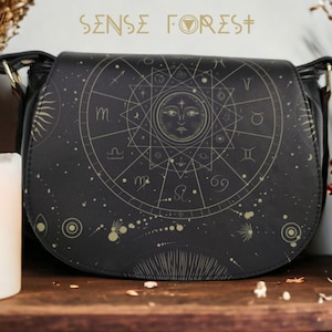 Boho astrology Vegan leather Goth saddle bag, celestial witchy crossed body cute PU leather hand bag goth bag, dark kawaii goth purse gift