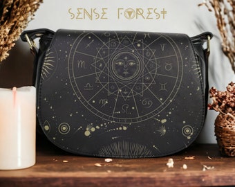 Boho astrology Vegan leather Goth saddle bag, celestial witchy crossed body cute PU leather hand bag goth bag, dark kawaii goth purse gift