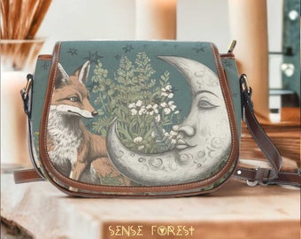 Sage Forest Moon Fox hand drawn Canvas saddle bag, Cottagecore witch crossbody bag Vegan leather Cute Fairycore Boho Hippies Purse gift